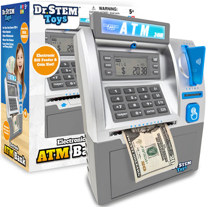 Dr. STEM Electronic ATM Bank with digital LCD screen, keypad, bill feeder, coin slot, and blue touchless card reader on right side