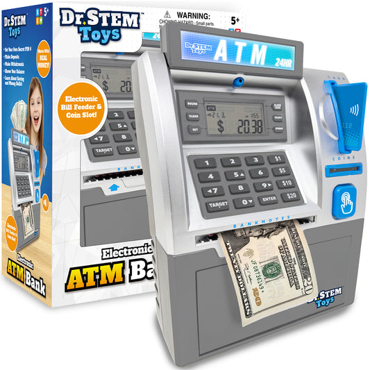 Dr. STEM Electronic ATM Bank with digital LCD screen, keypad, bill feeder, coin slot, and blue touchless card reader on right side