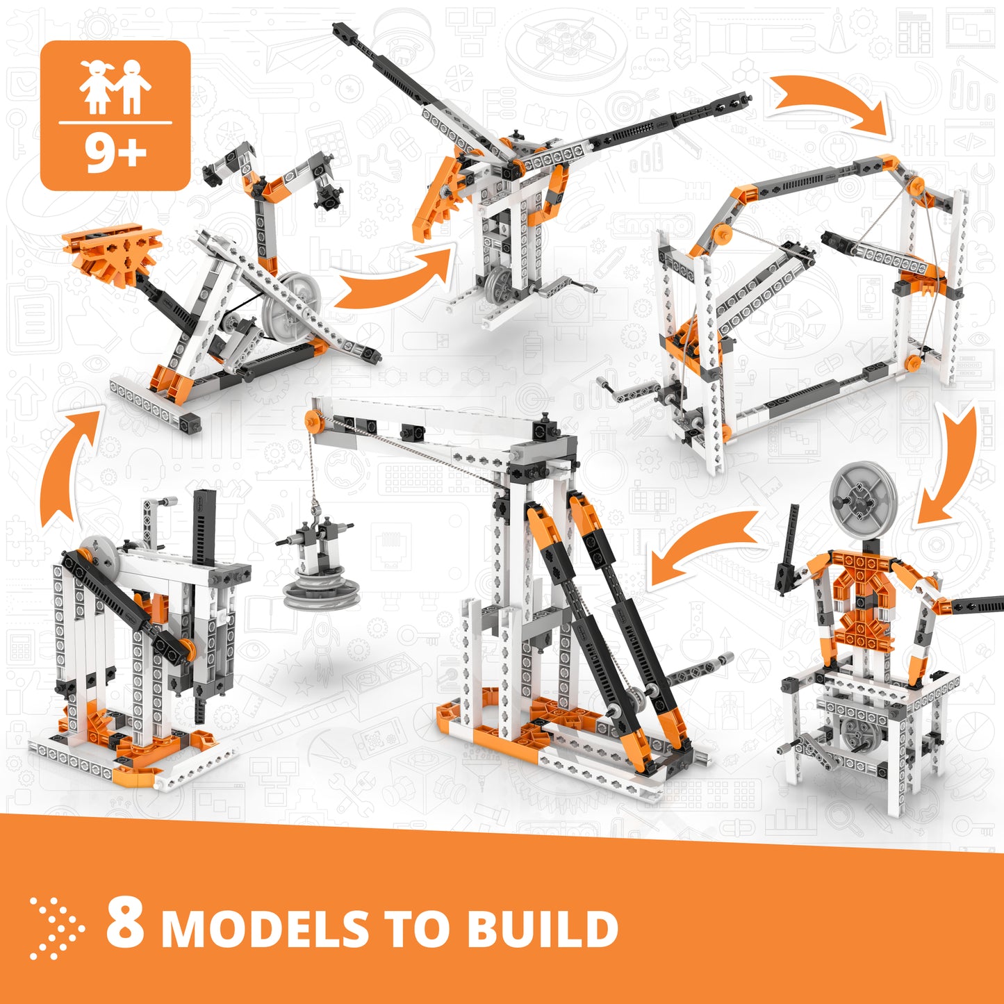 Engino Discovering STEM Mechanics: Cams & Cranks 8-Model Building Set with orange and white pieces