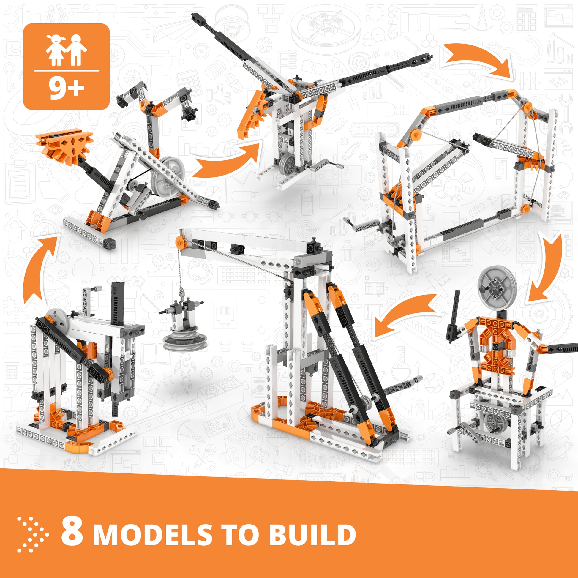 Engino Discovering STEM Mechanics: Cams & Cranks 8-Model Building Set with orange and white pieces