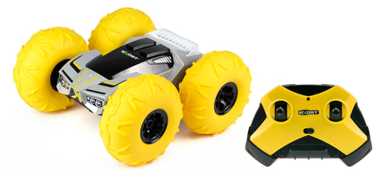 EXOST 360 Tornado remote control car with yellow inflatable tires and gray/black body, shown with matching yellow and black controller