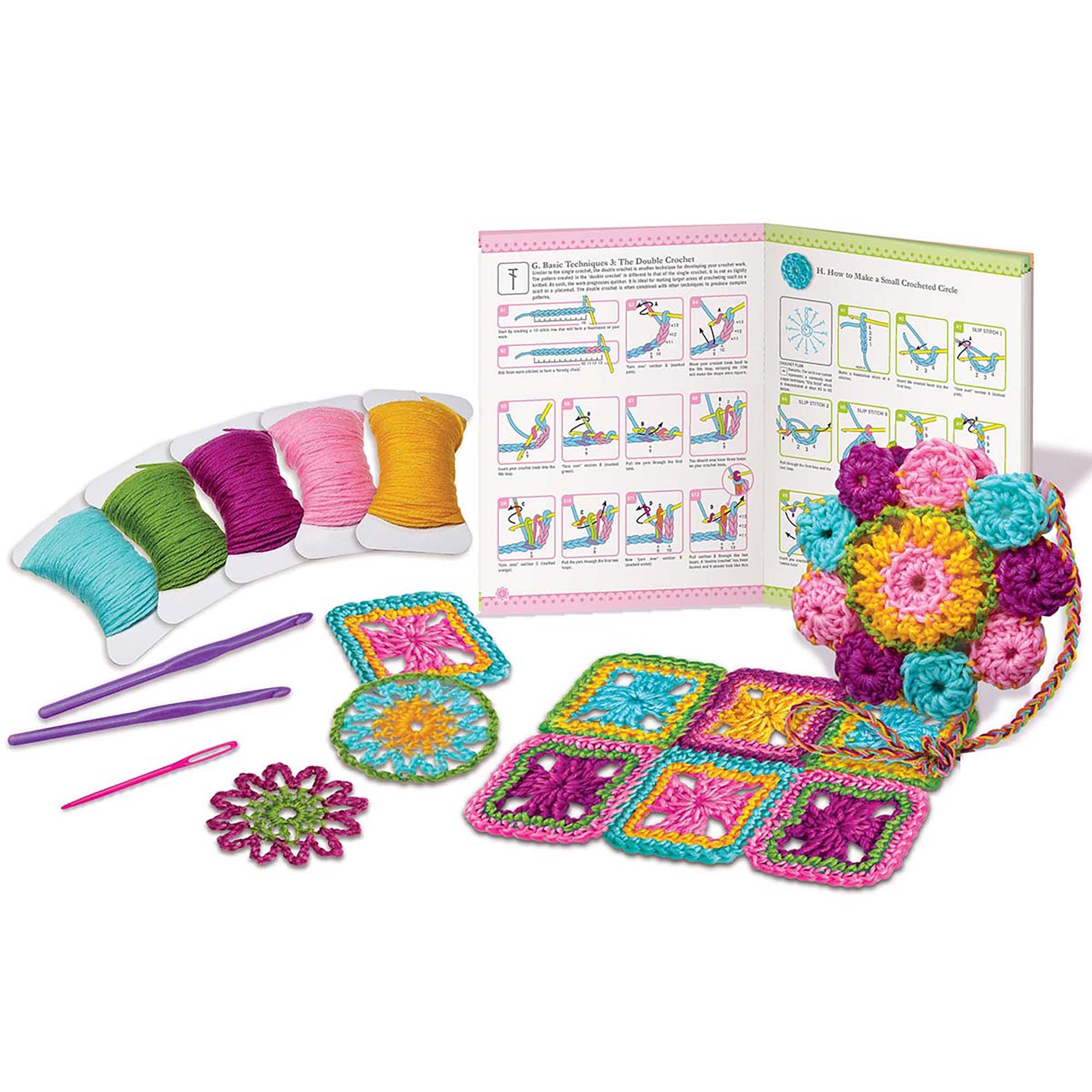 Easy-To-Do Crochet kit with colorful yarn, hooks, instruction books, and finished projects
