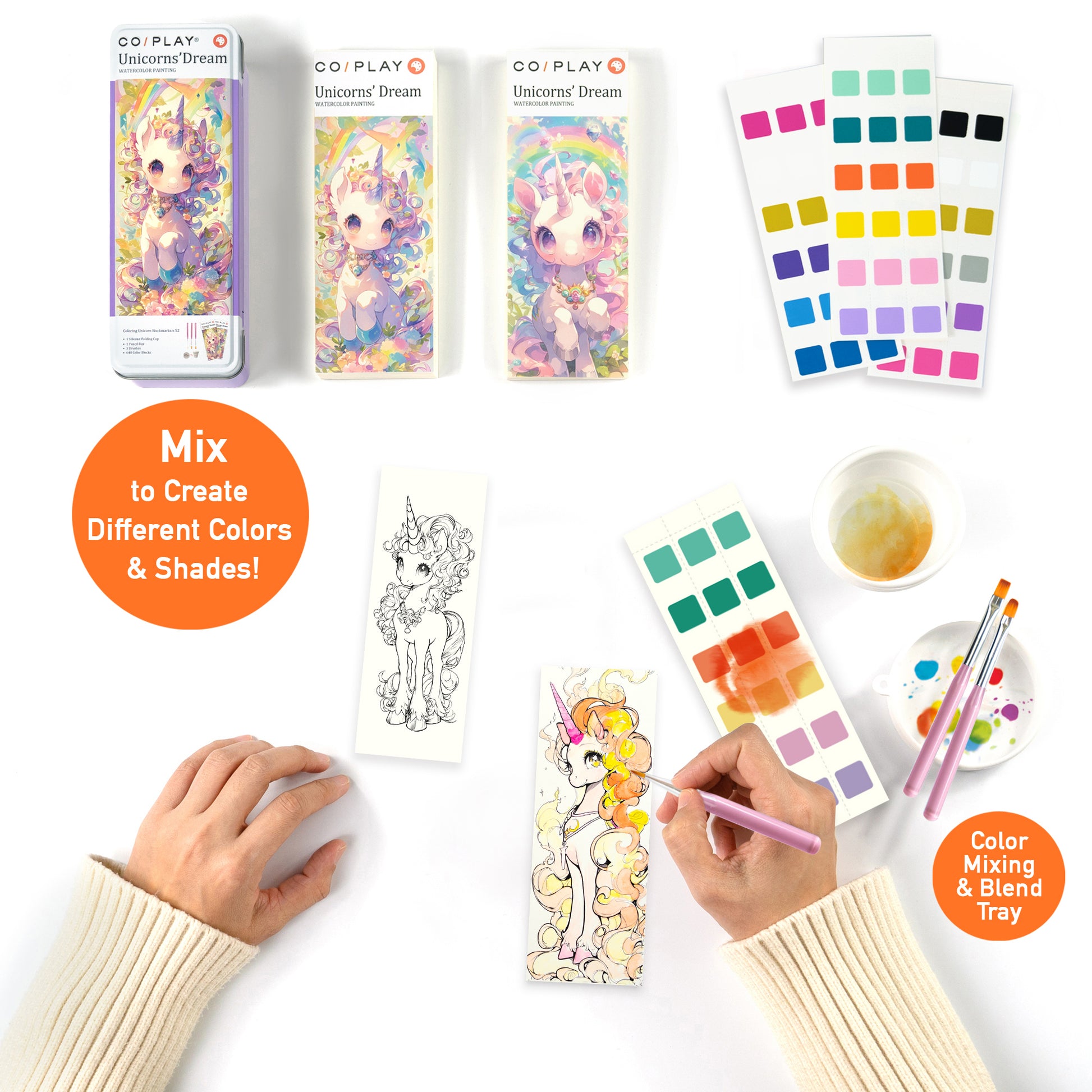 COIPLAY Watercolor Art Kit Unicorns Dream with paint palette, brushes, and coloring pages