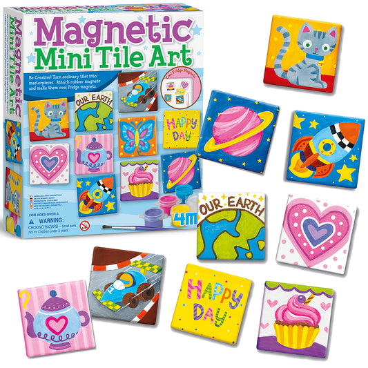 Magnetic Mini Tile Art craft kit with colorful tiles featuring cats, planets, and cupcakes