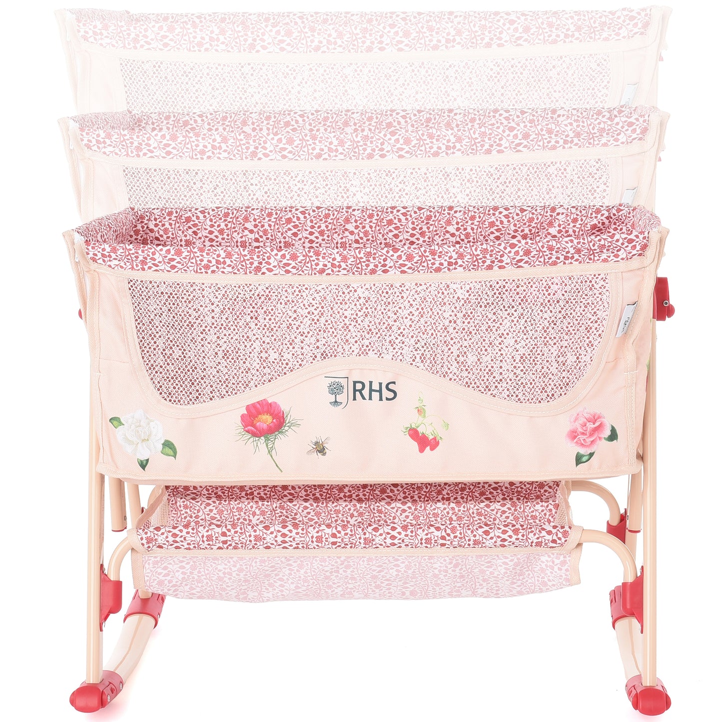 Roma RHS Bedside Crib Flora in pink with floral patterns and mesh panels