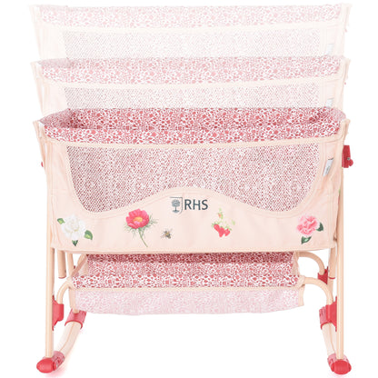 Roma RHS Bedside Crib Flora in pink with floral patterns and mesh panels