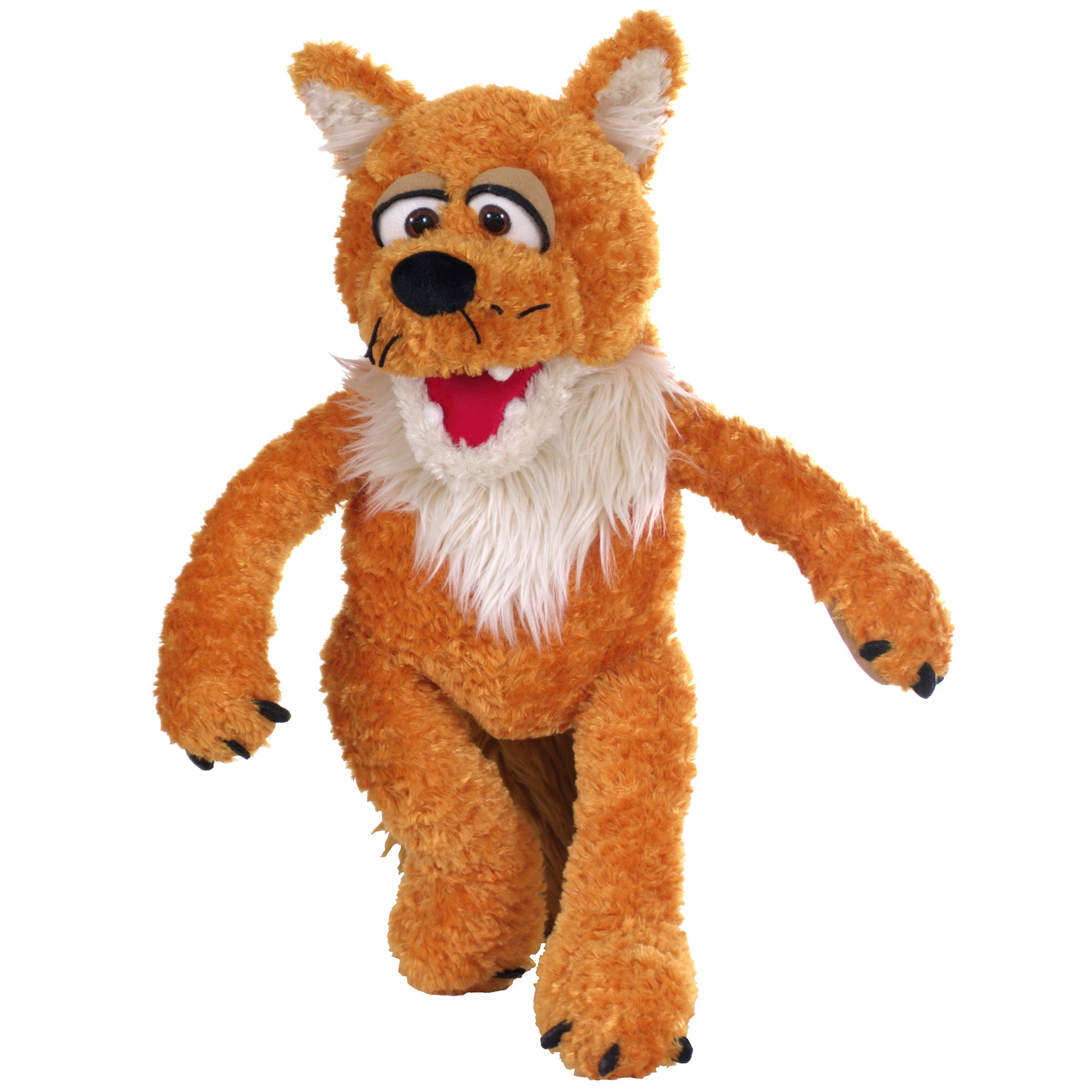 Orange plush fox puppet with white inner ears and chest, red tongue, black nose and claws, standing against white background