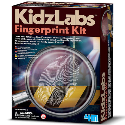 KidzLabs Fingerprint Kit with magnifying glass and fingerprint patterns on box