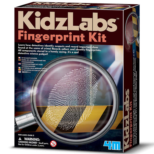 KidzLabs Fingerprint Kit with magnifying glass and fingerprint patterns on box