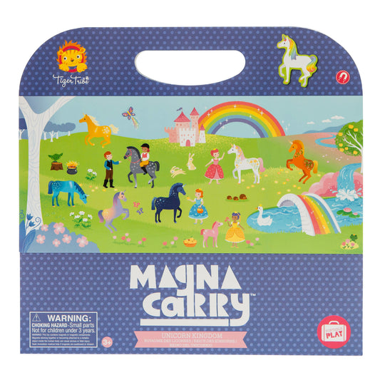 Magna Carry Unicorn Kingdom fold-out magnetic play scene with castles, rainbows, unicorns, and princess figures on green landscape
