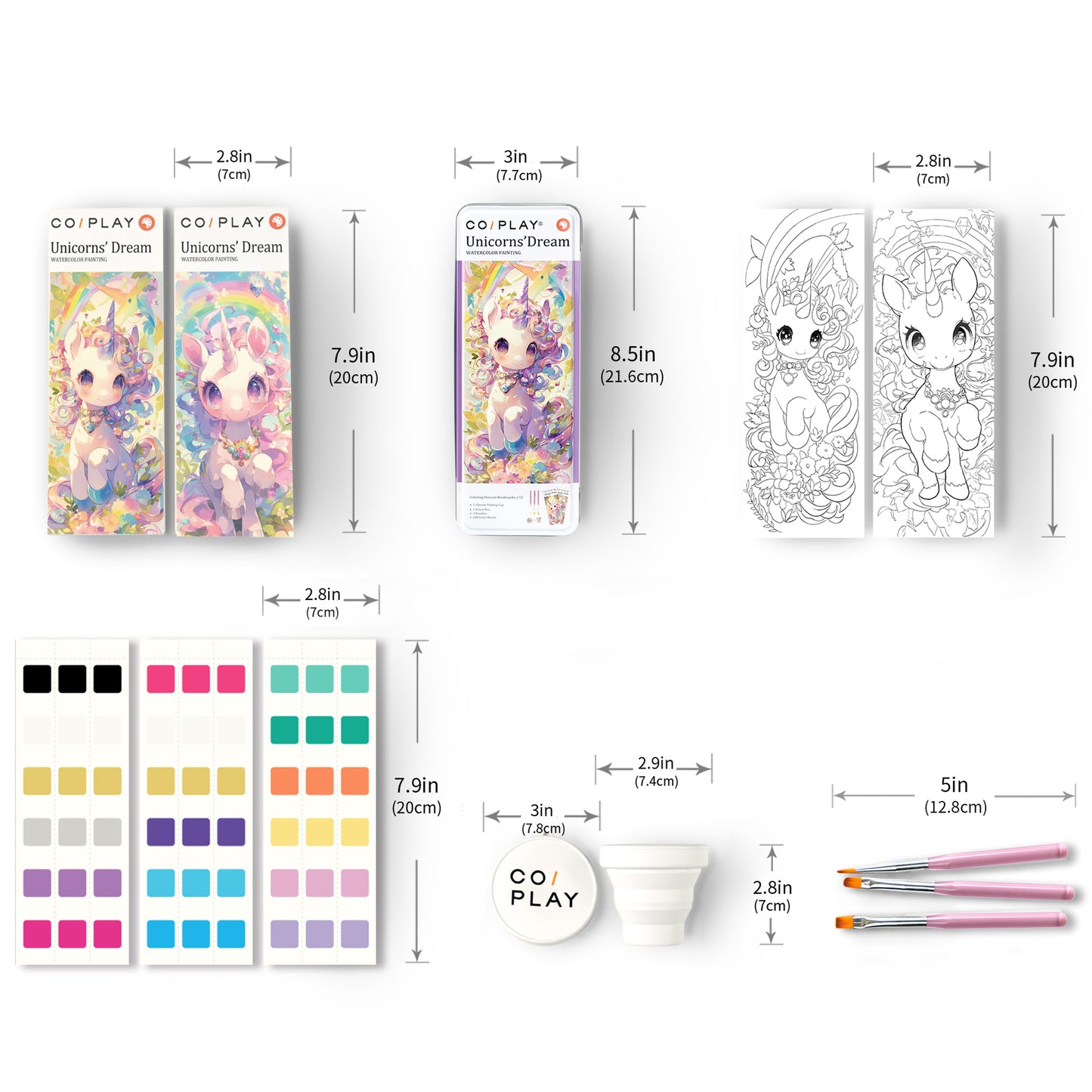 COIPLAY Unicorns Dream watercolor art kit with paint palette, brushes, and coloring pages