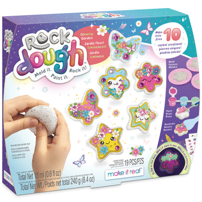Rock Dough Glowing Garden craft kit with colorful flower-shaped rocks and air-dry clay