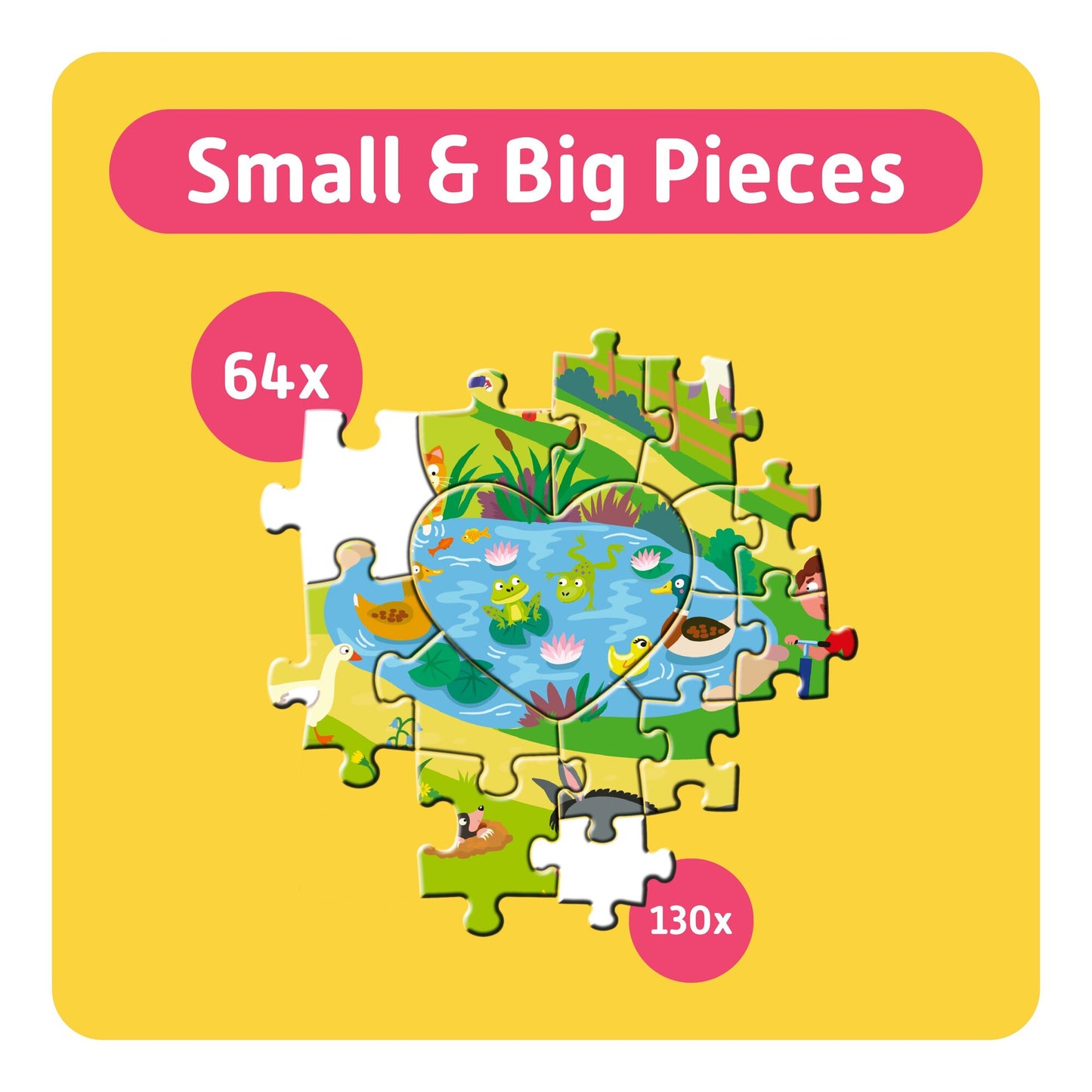 TEAMPUZZLE: On the Farm 194pc puzzle with 64 large and 130 small pieces, featuring pond and farm animals