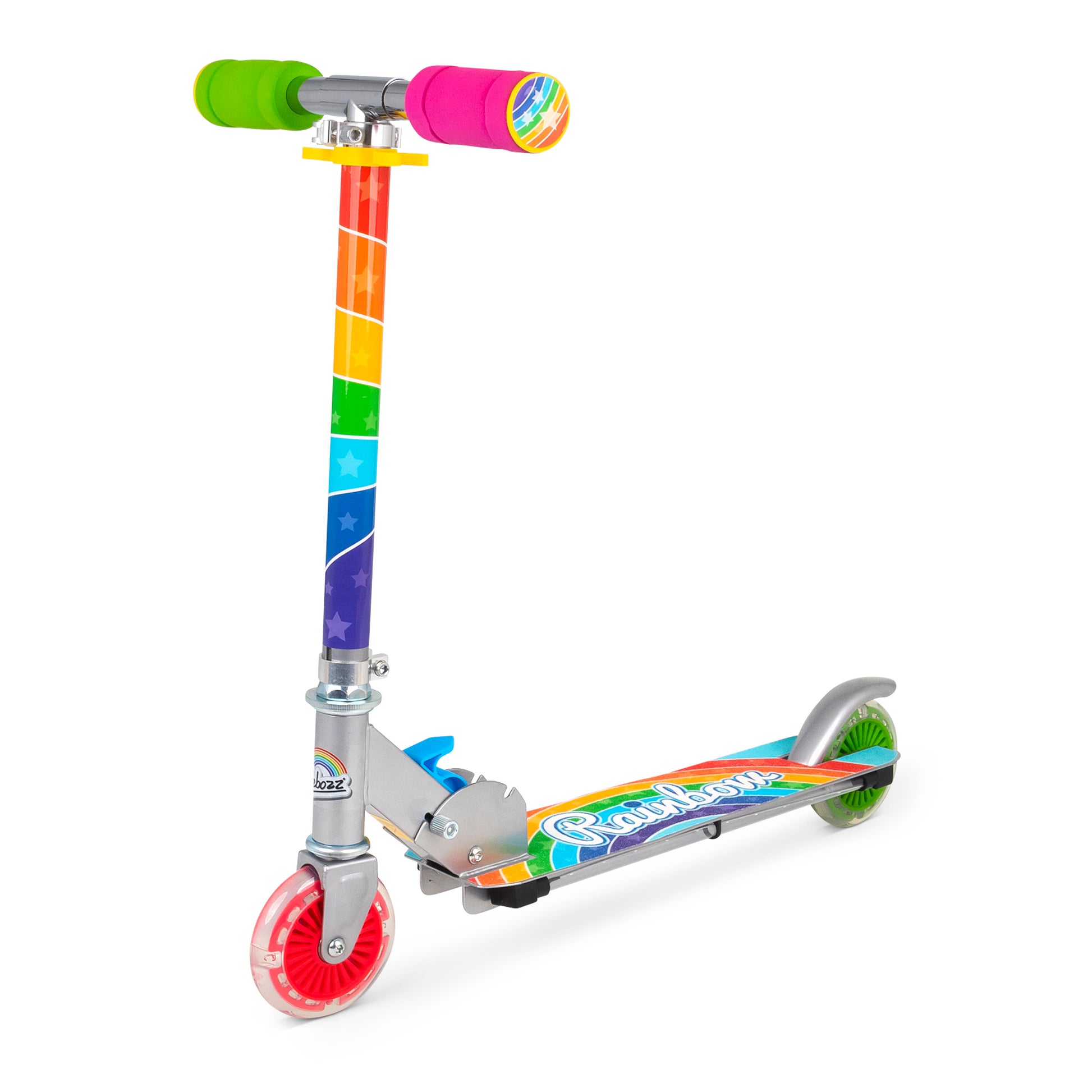 Ozbozz rainbow scooter with colorful segmented steering column, green and pink handlebar grips, light-up wheels, and deck featuring rainbow graphics