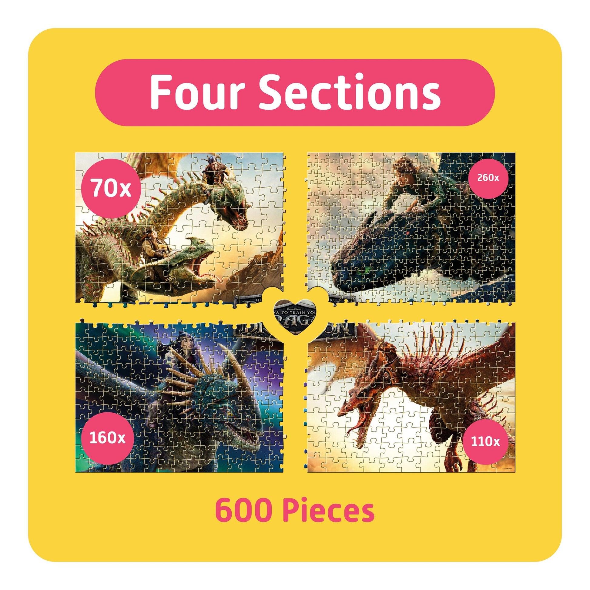 How to Train Your Dragon 600-piece puzzle with 4 sections, featuring dragon characters