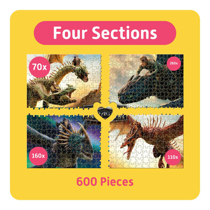 How to Train Your Dragon 600-piece puzzle with 4 sections, featuring dragon characters
