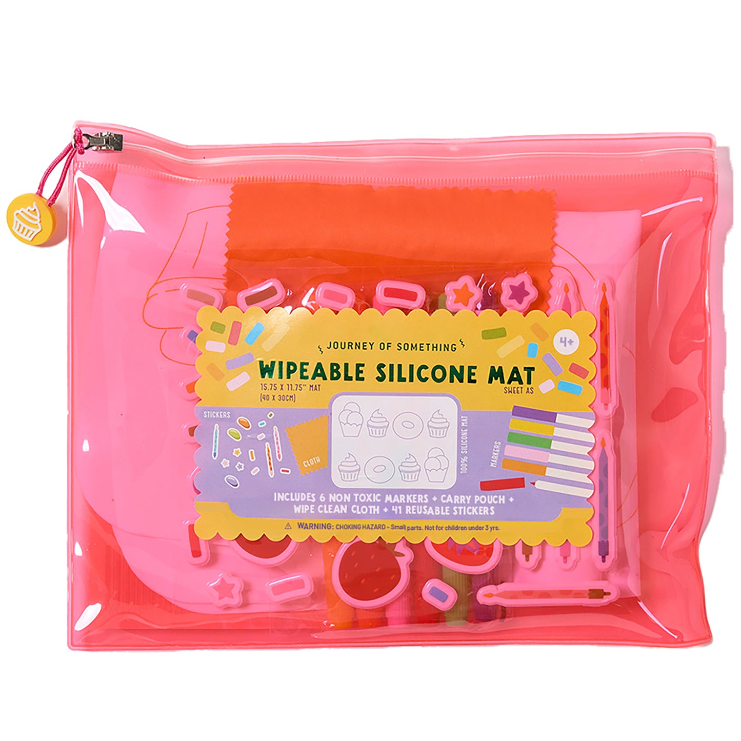 JOS Wipeable Silicone Mat Sweet As pink activity set with markers and stickers in carrying pouch