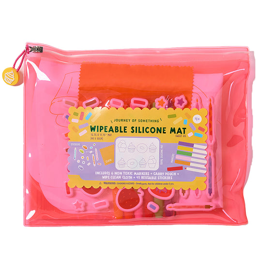 JOS Wipeable Silicone Mat Sweet As pink activity set with markers and stickers in carrying pouch