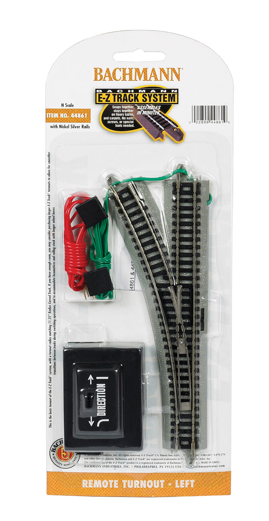Bachmann EZ Track System remote turnout left with nickel silver rails, black roadbed, red controller, and green wires on blister card packaging