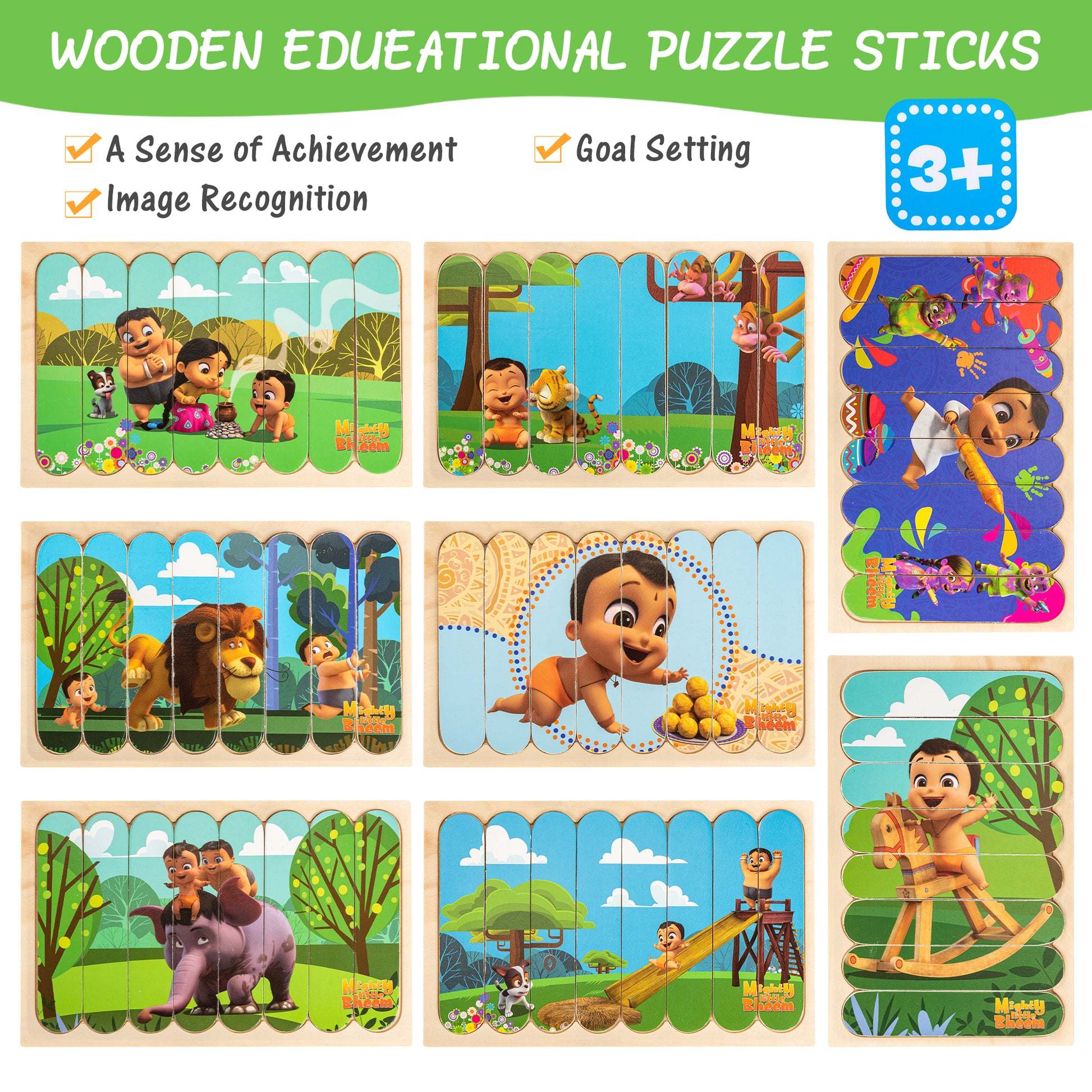 WOODEN EDUCATIONAL PUZZLE STICKS. A Sense of Achievement, Image Recognition, Goal Setting. 3+. Six wooden puzzle sets featuring cartoon characters in outdoor sc