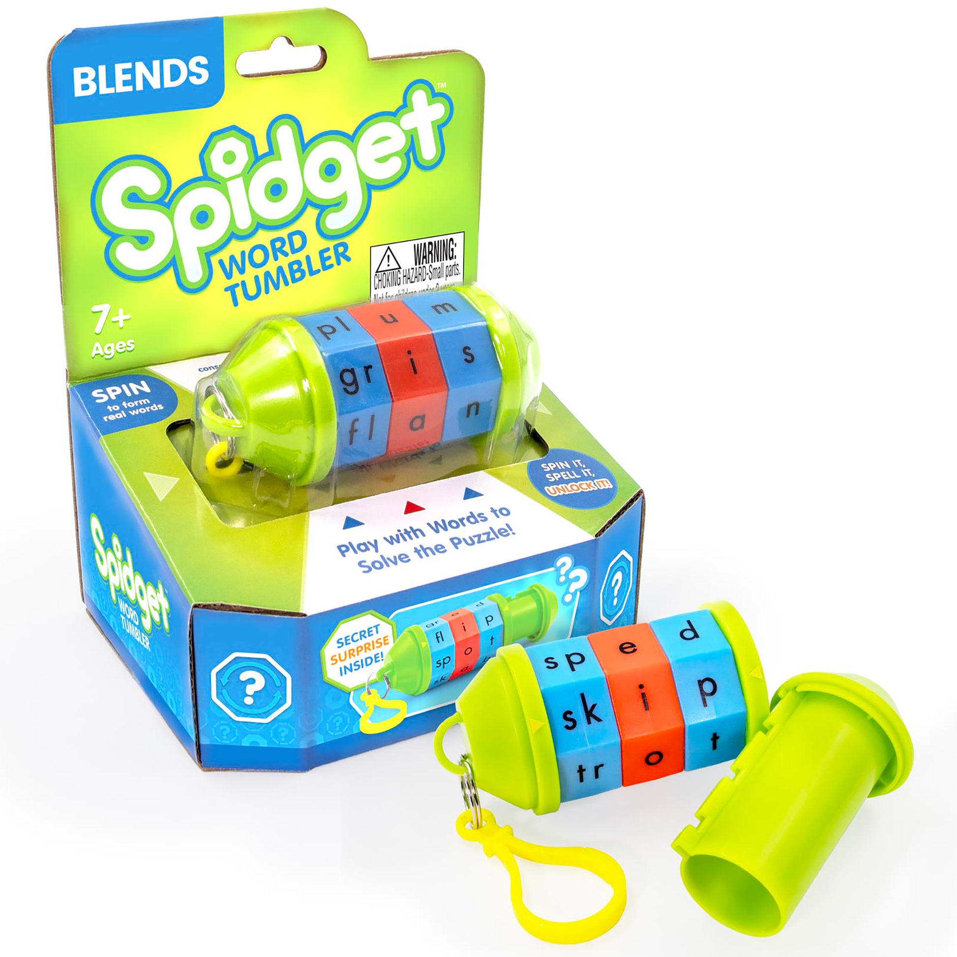 Spidget Word Tumbler Blends fidget toy with colorful letter blocks in green, blue, and red