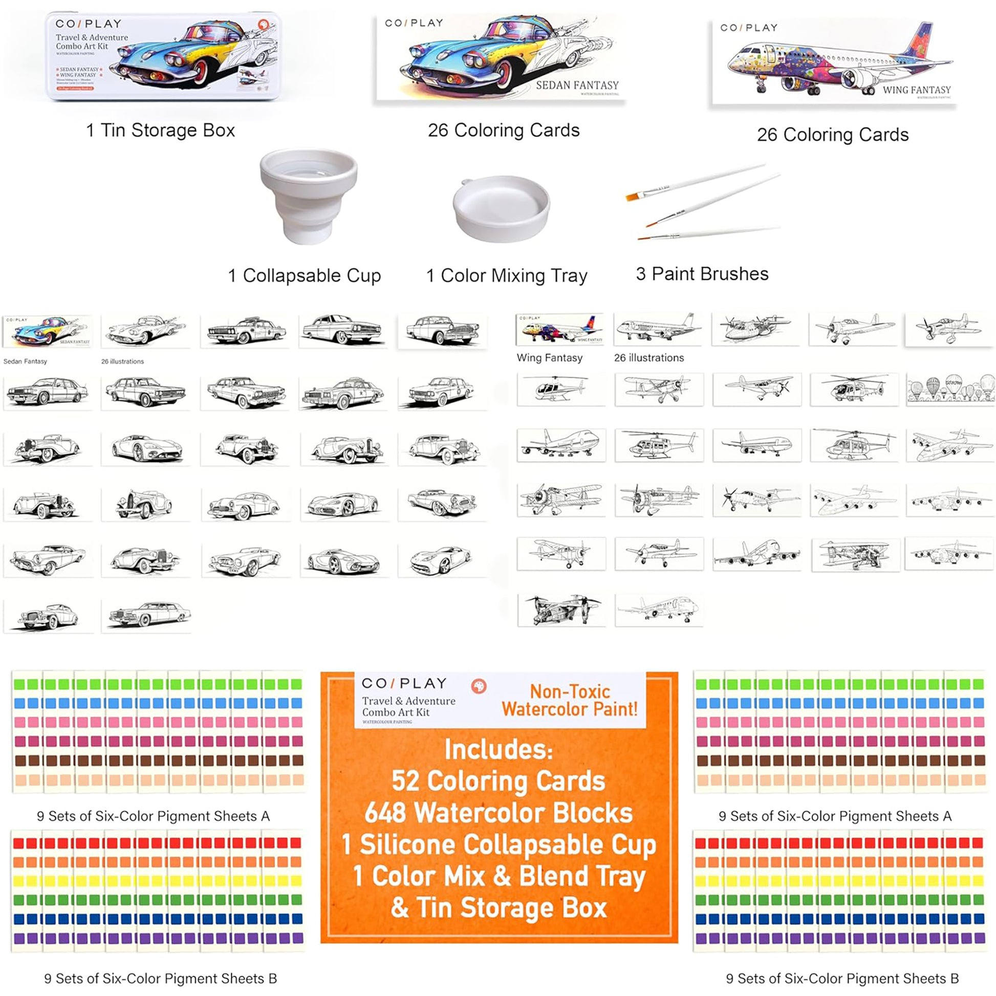 COIPLAY Watercolor Art Kit with 52 coloring cards, 648 watercolor blocks, and travel accessories