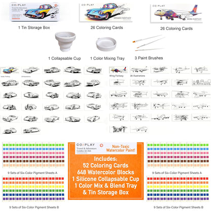 COIPLAY Watercolor Art Kit with 52 coloring cards, 648 watercolor blocks, and travel accessories