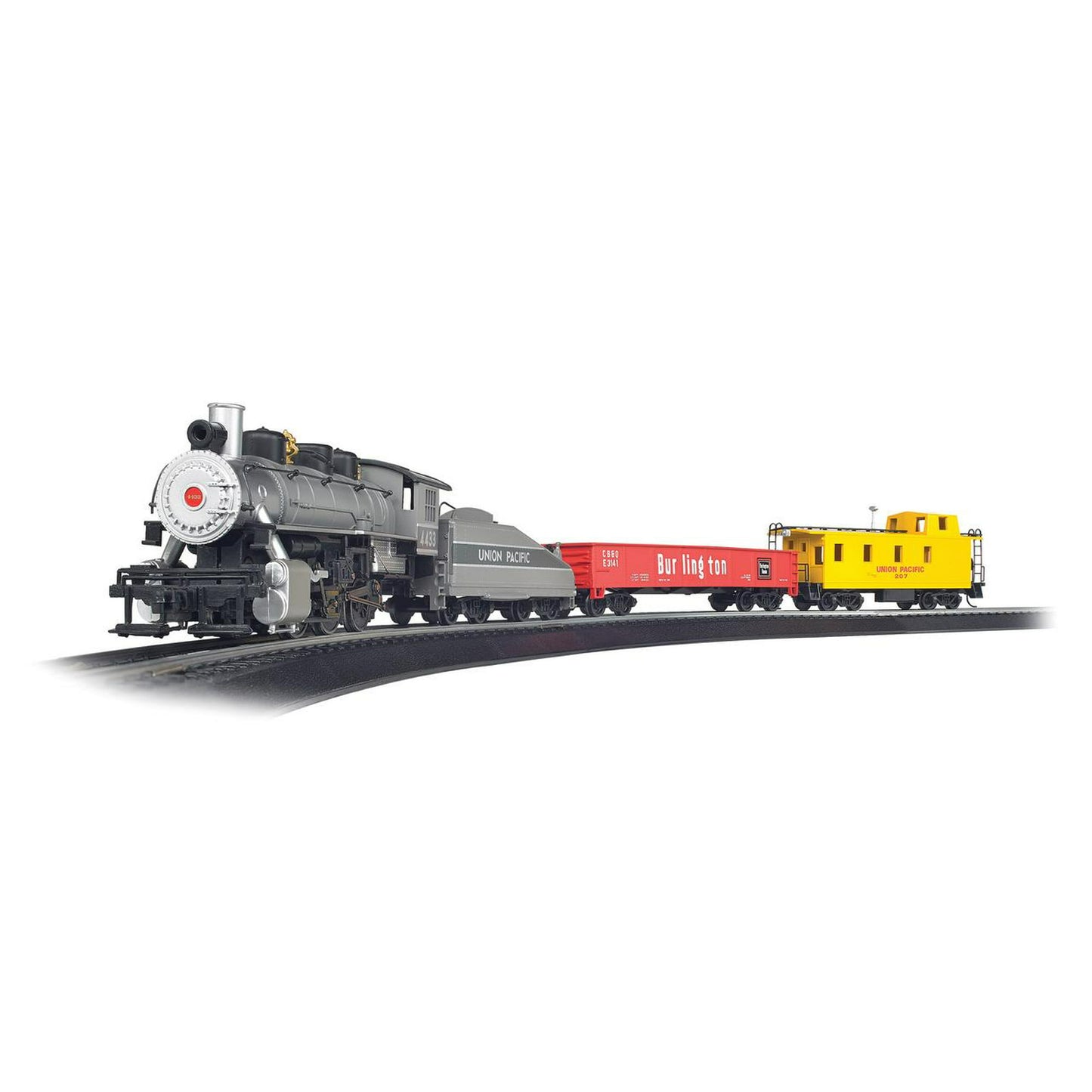 Bachmann Trains Yard Master HO scale model train set with black steam locomotive, gray tender car, red Burlington boxcar, and yellow caboose on black track agai