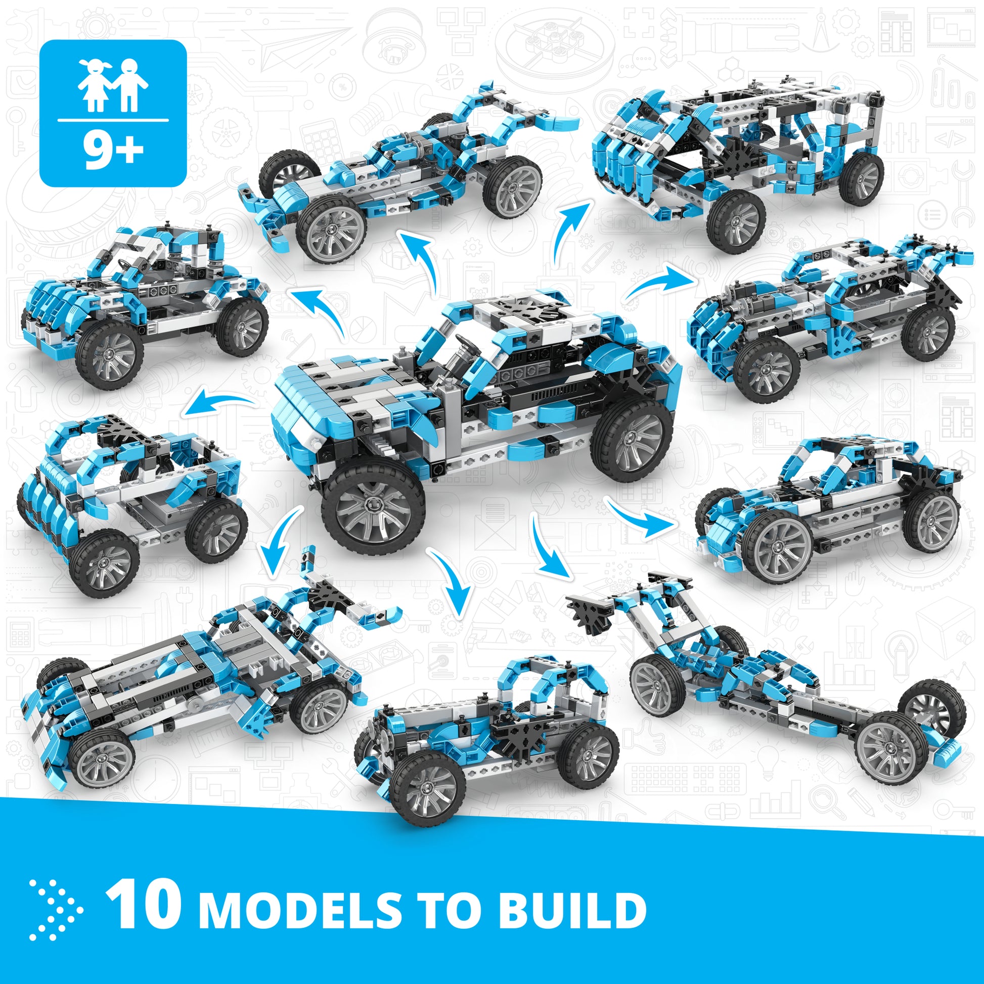 Engino Inventor Motorized Offroader 10-in-1 building set with blue and black brick vehicles