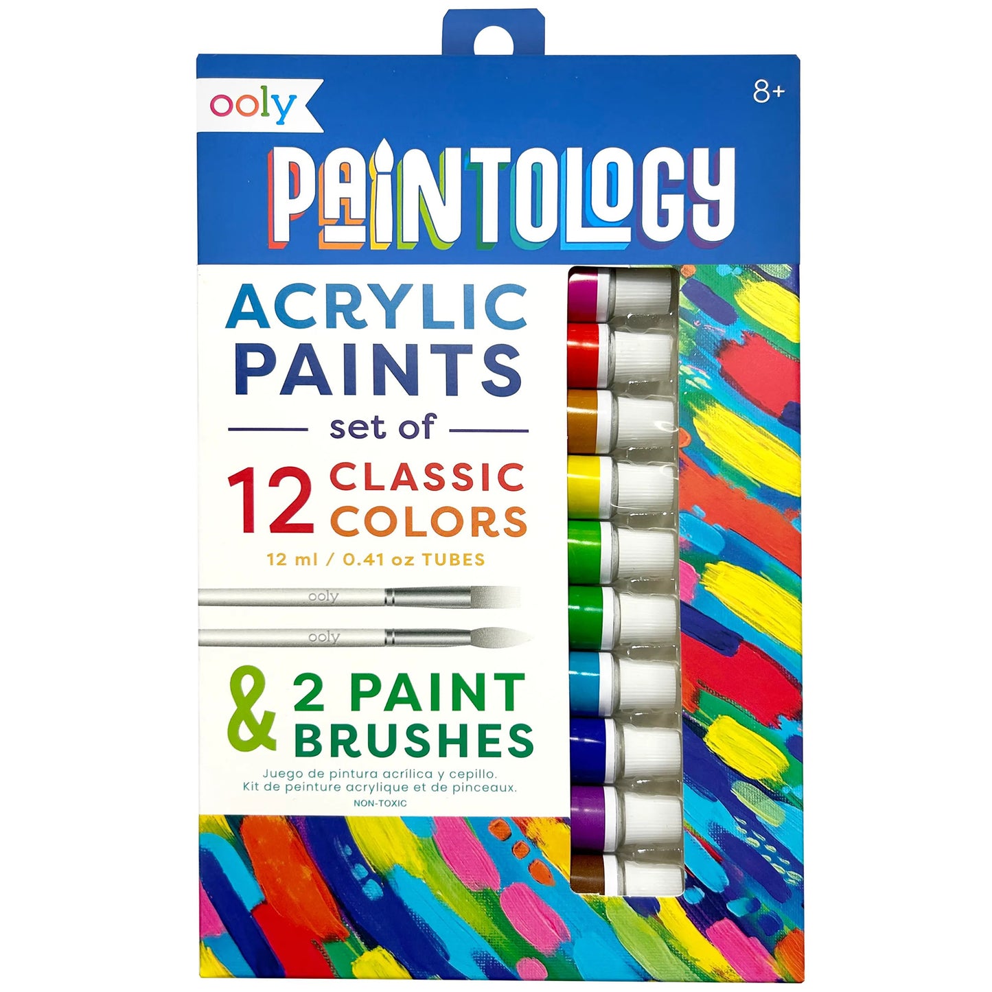 OOLY Paintology acrylic paint set packaging showing 12 colorful paint tubes with 2 brushes included, ages 8+