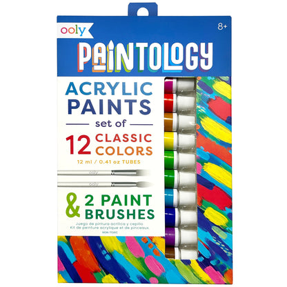 OOLY Paintology acrylic paint set packaging showing 12 colorful paint tubes with 2 brushes included, ages 8+