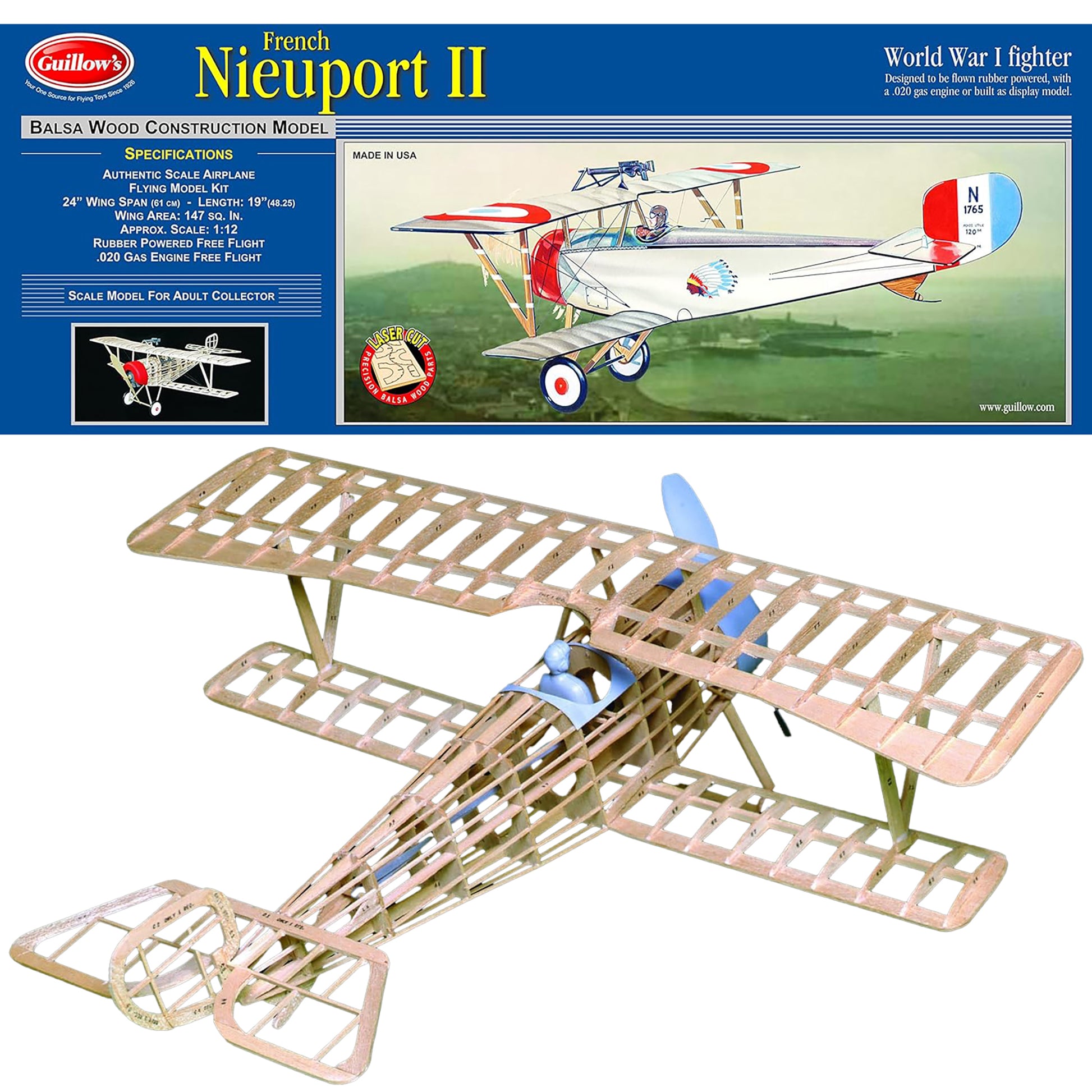 Guillow's Nieuport II balsa wood WWI fighter plane model kit with red and blue markings
