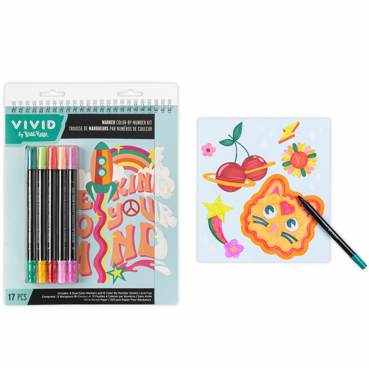 Marker Color By Number: Good Vibes kit with 17 colorful markers and pre-printed coloring sheet