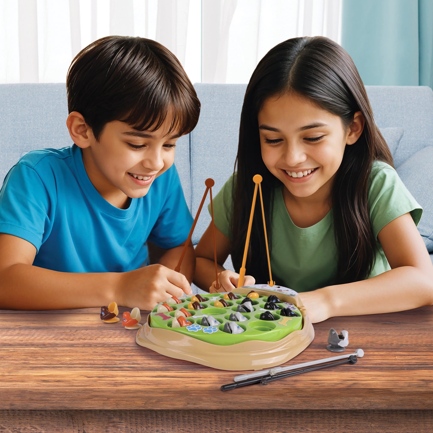 The Fishing Game: Dog Edition with two children playing, green board with magnetic fish and orange poles