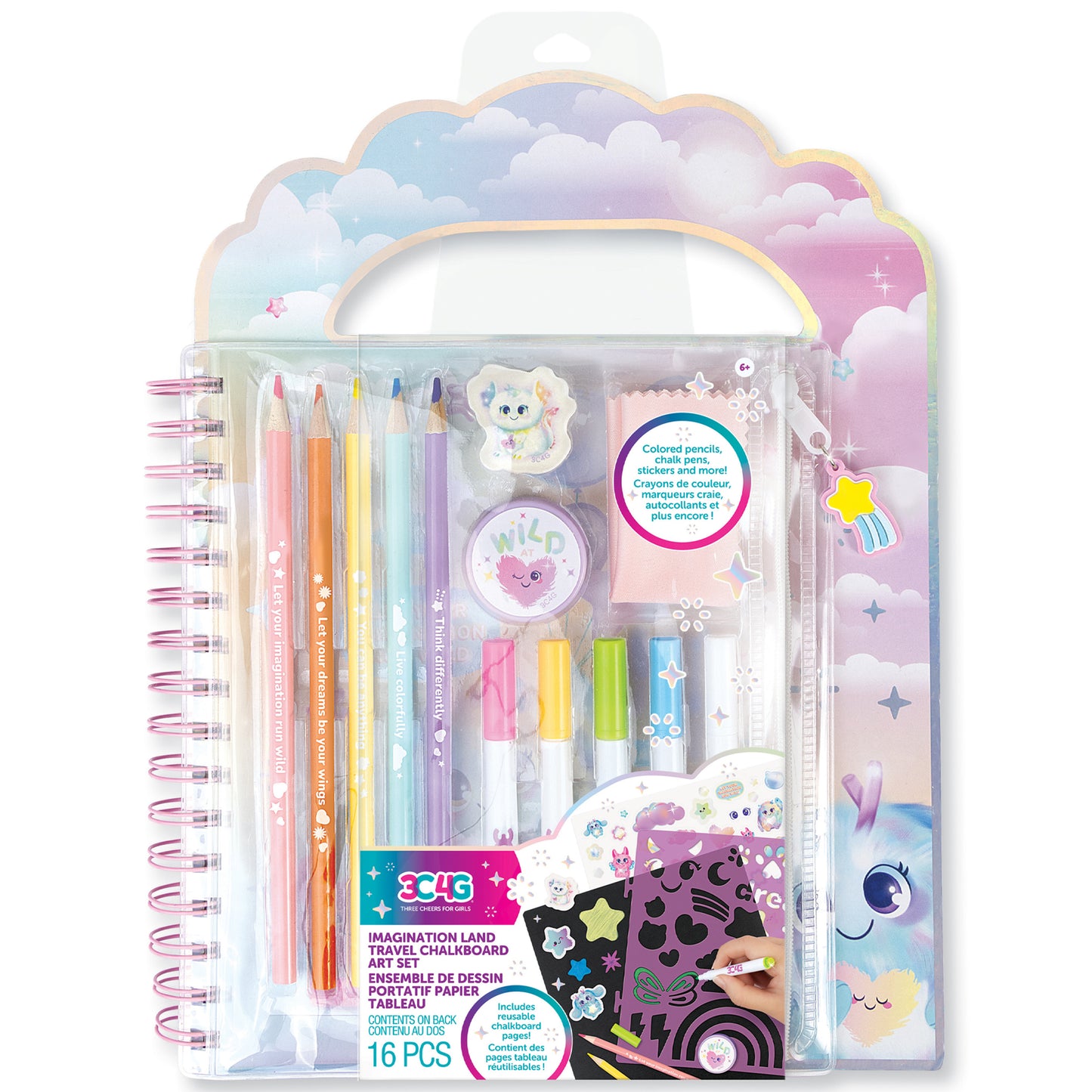 3C4G Imagination Land Chalkboard Travel Art Set with spiral-bound notebook, colored pencils, chalk pens, markers, and reusable chalkboard pages, packaged in clo