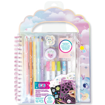 3C4G Imagination Land Chalkboard Travel Art Set with spiral-bound notebook, colored pencils, chalk pens, markers, and reusable chalkboard pages, packaged in clo