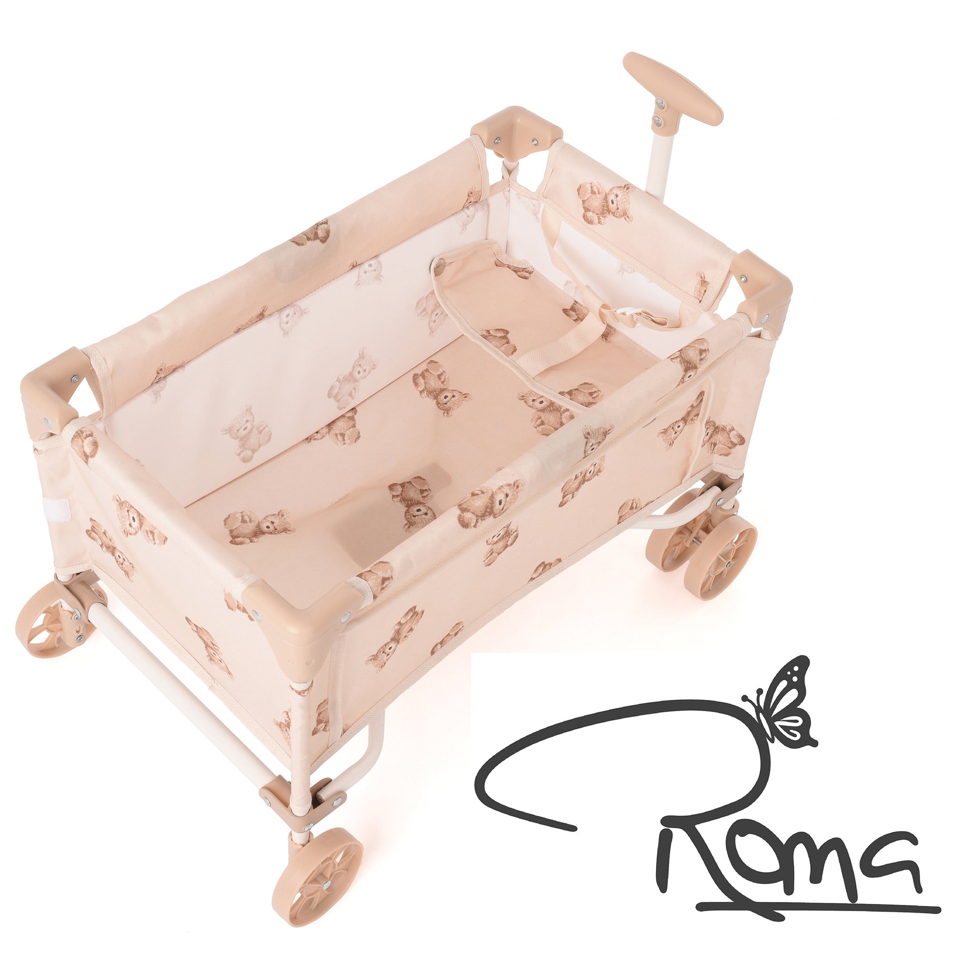 Roma Teddy Toy Wagon in cream with teddy bear pattern, wheeled play crib