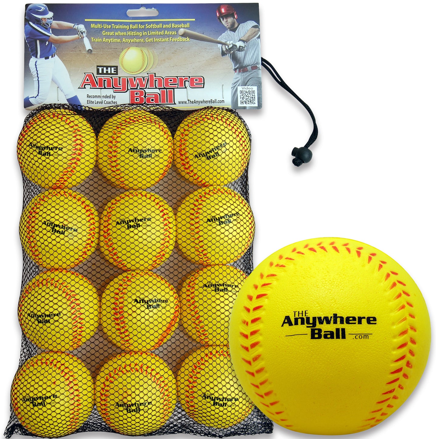The Anywhere Ball foam training ball set with 12 yellow balls in mesh bag and product packaging showing softball and baseball training use