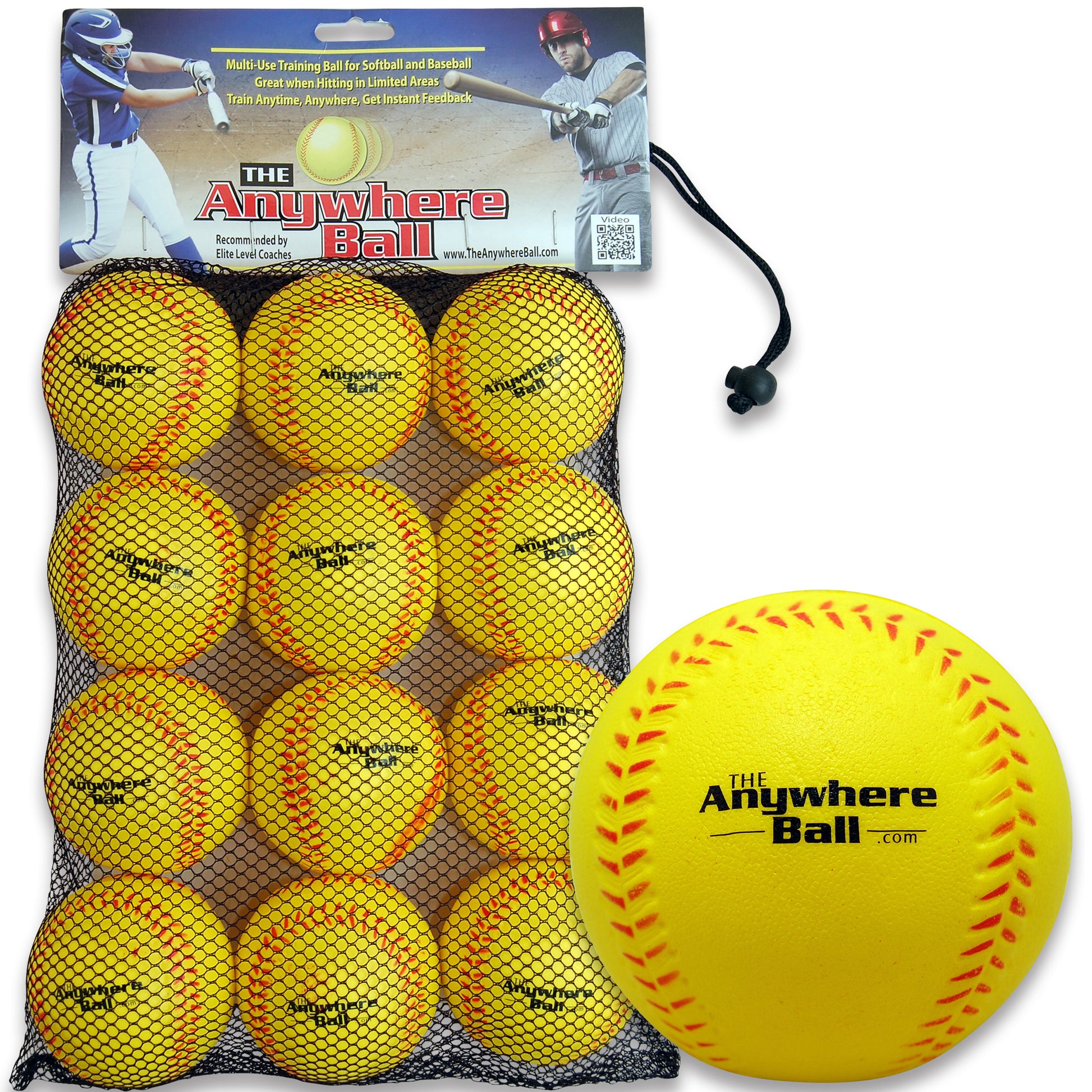 The Anywhere Ball foam training ball set with 12 yellow balls in mesh bag and product packaging showing softball and baseball training use