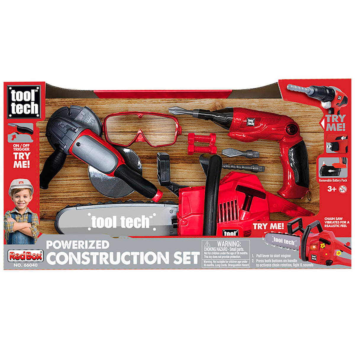 Tool Tech Powerized Construction Set with red and black chainsaw, screwdriver, and angle grinder tools displayed on p...