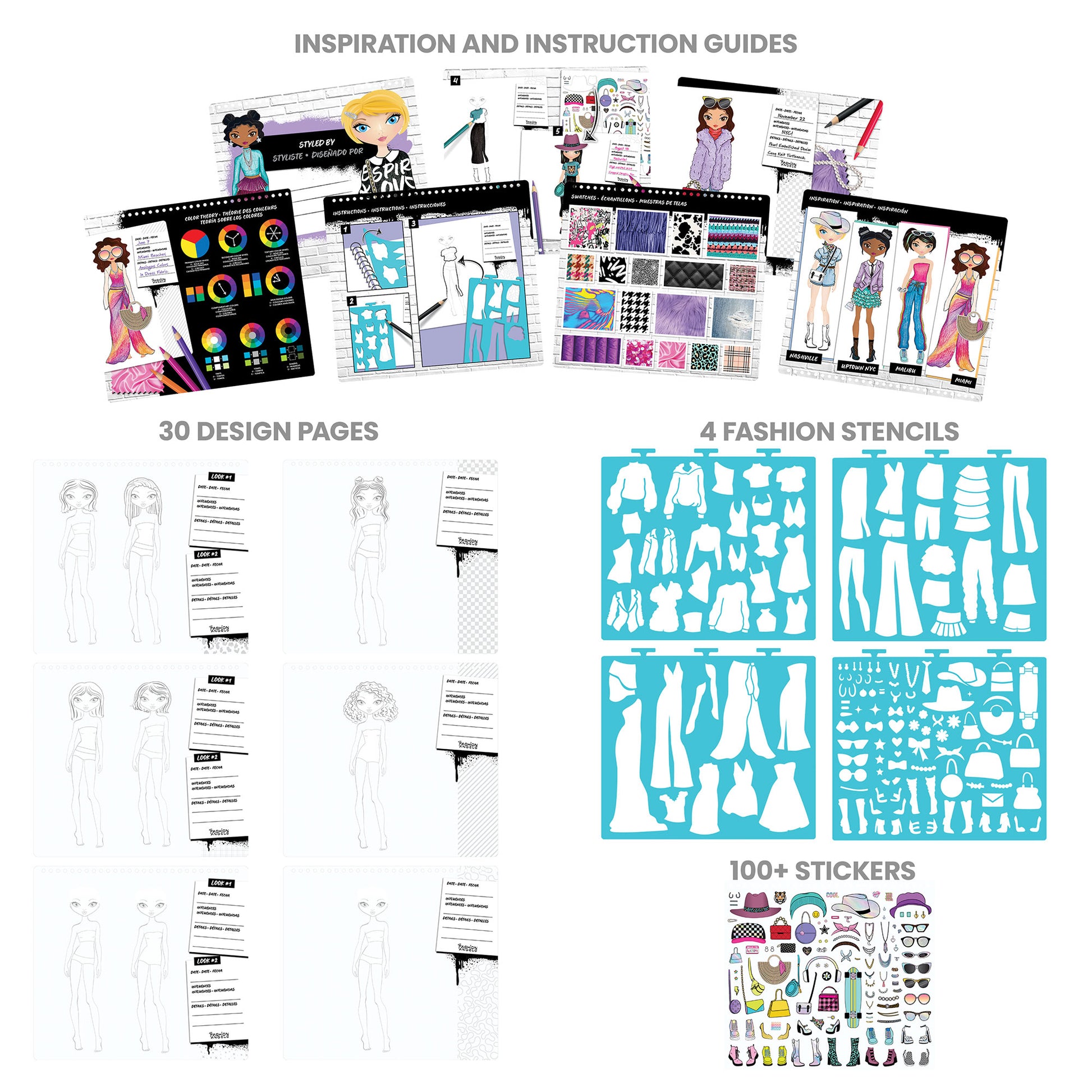 Fashion Sketch Set: Streetwear with 30 design pages, 4 stencils, and 100+ stickers