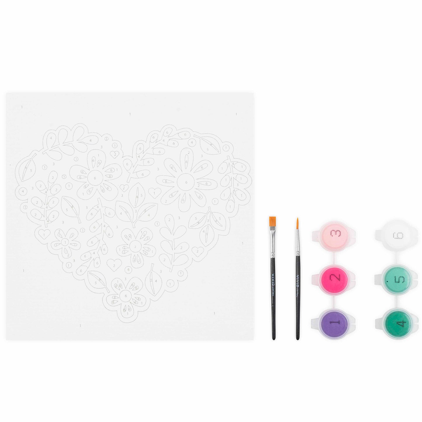 Mini Paint By Number Flower Heart kit with outlined heart design, brushes, and colorful paint pots