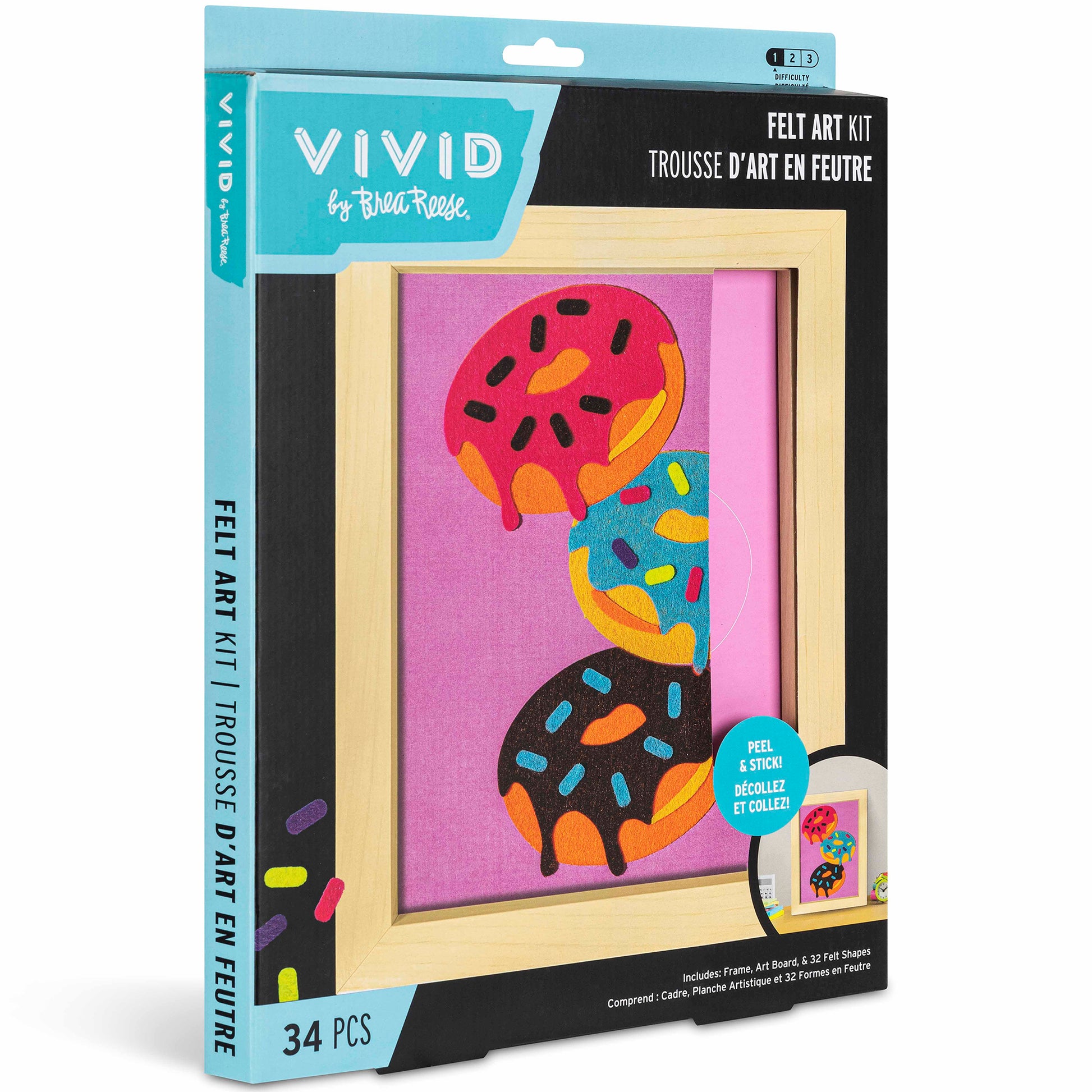 Felt Art Sweet Donuts kit with colorful peel-and-stick felt shapes and wooden frame
