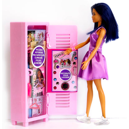 Barbie Design Activity Locker with doll, pink locker, decorative stickers, and accessories
