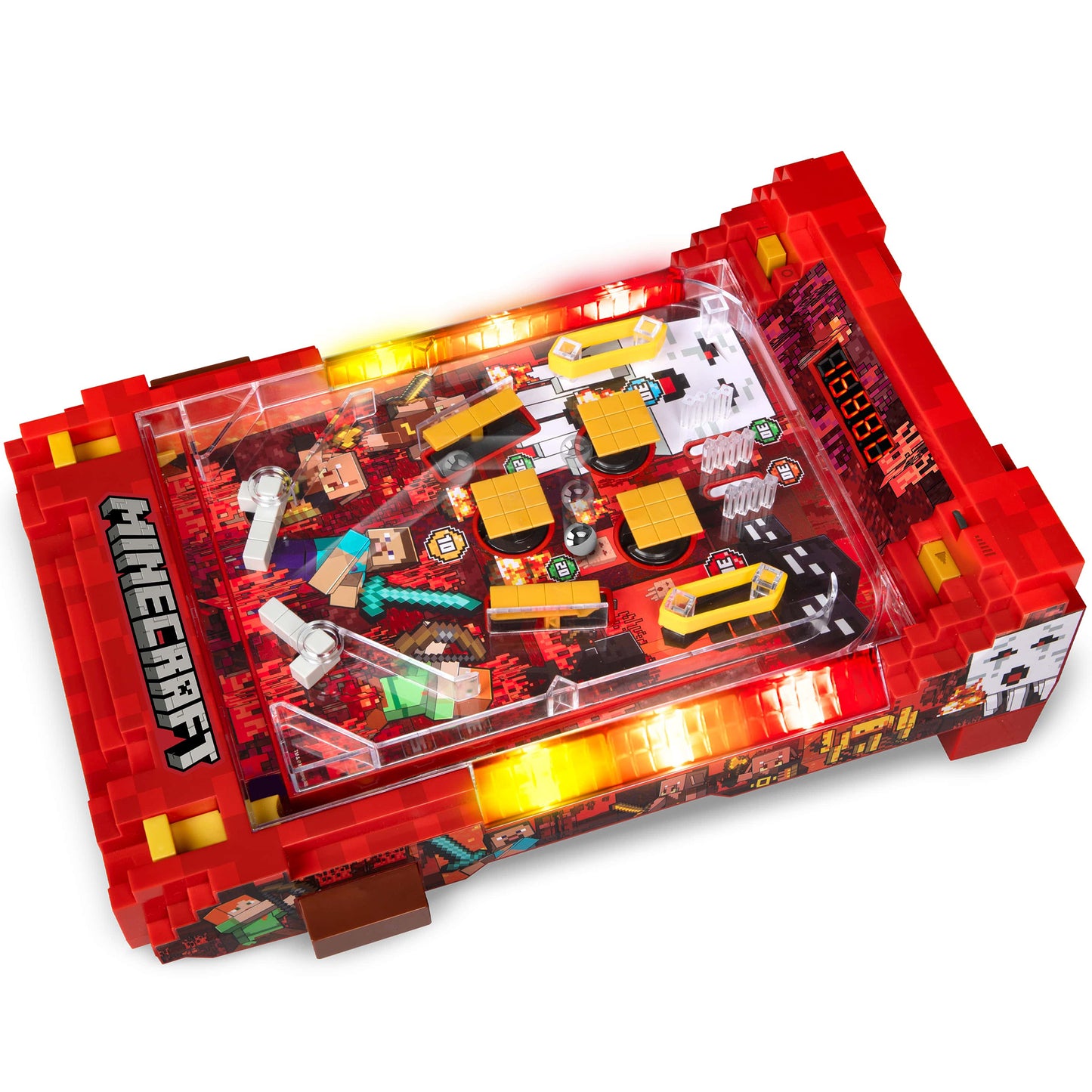Minecraft Arcade Pinball Nether red pinball machine toy with yellow flippers and lights