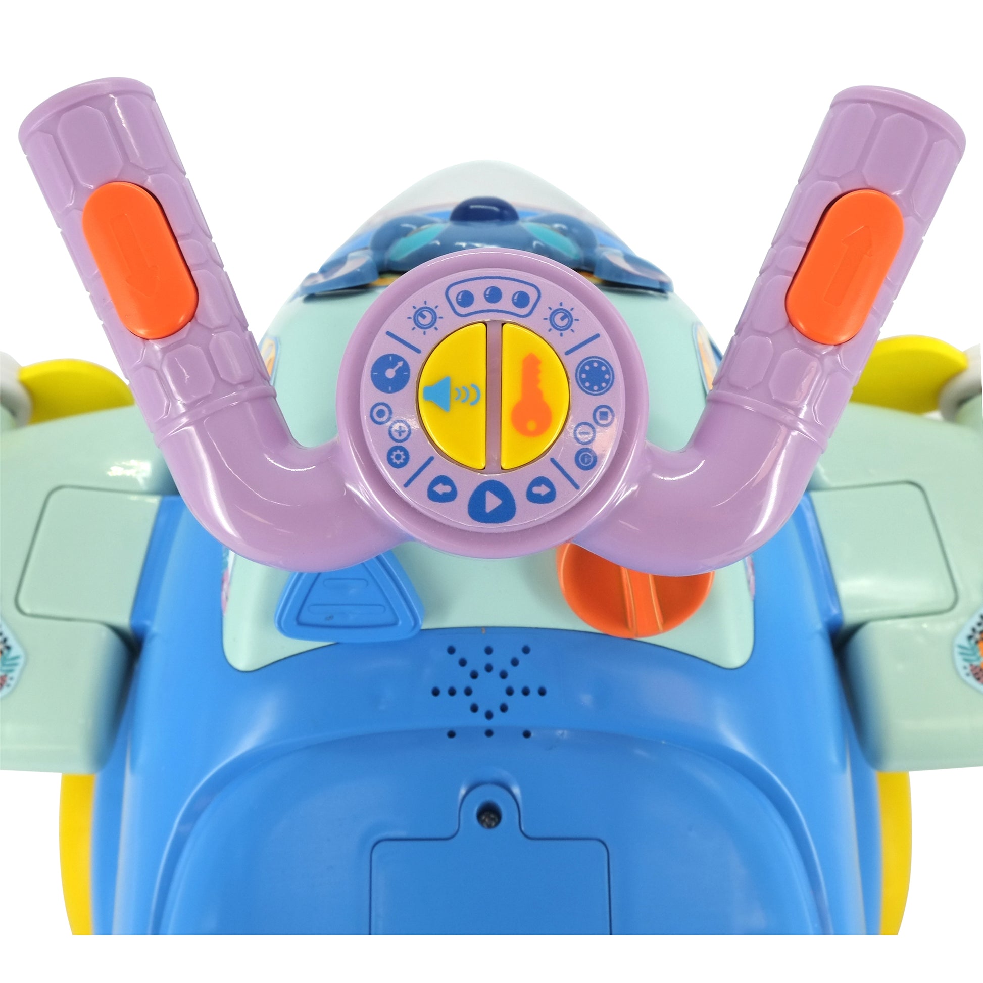Activity Plane Ride-On Stitch toy with purple handles, blue body, and interactive yellow steering wheel