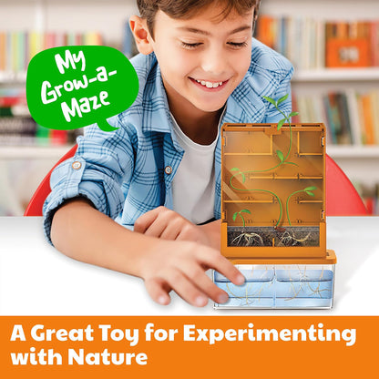 Green Science Grow-A-Maze toy with orange case showing plant roots and green vines growing through maze pathways