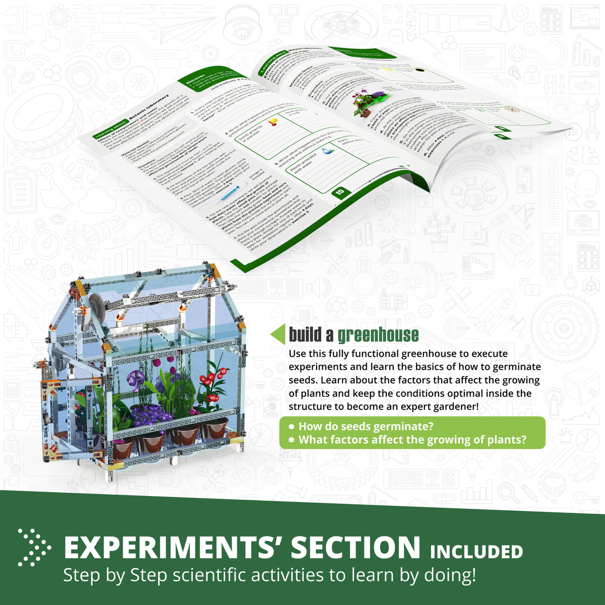Engino Botanic Laboratory greenhouse building set with instruction manual and green/blue structure