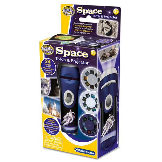 Brainstorm Toys Space Torch & Projector in blue and white with interchangeable disc slides showing space images, planets, and astronauts; includes 24 images and