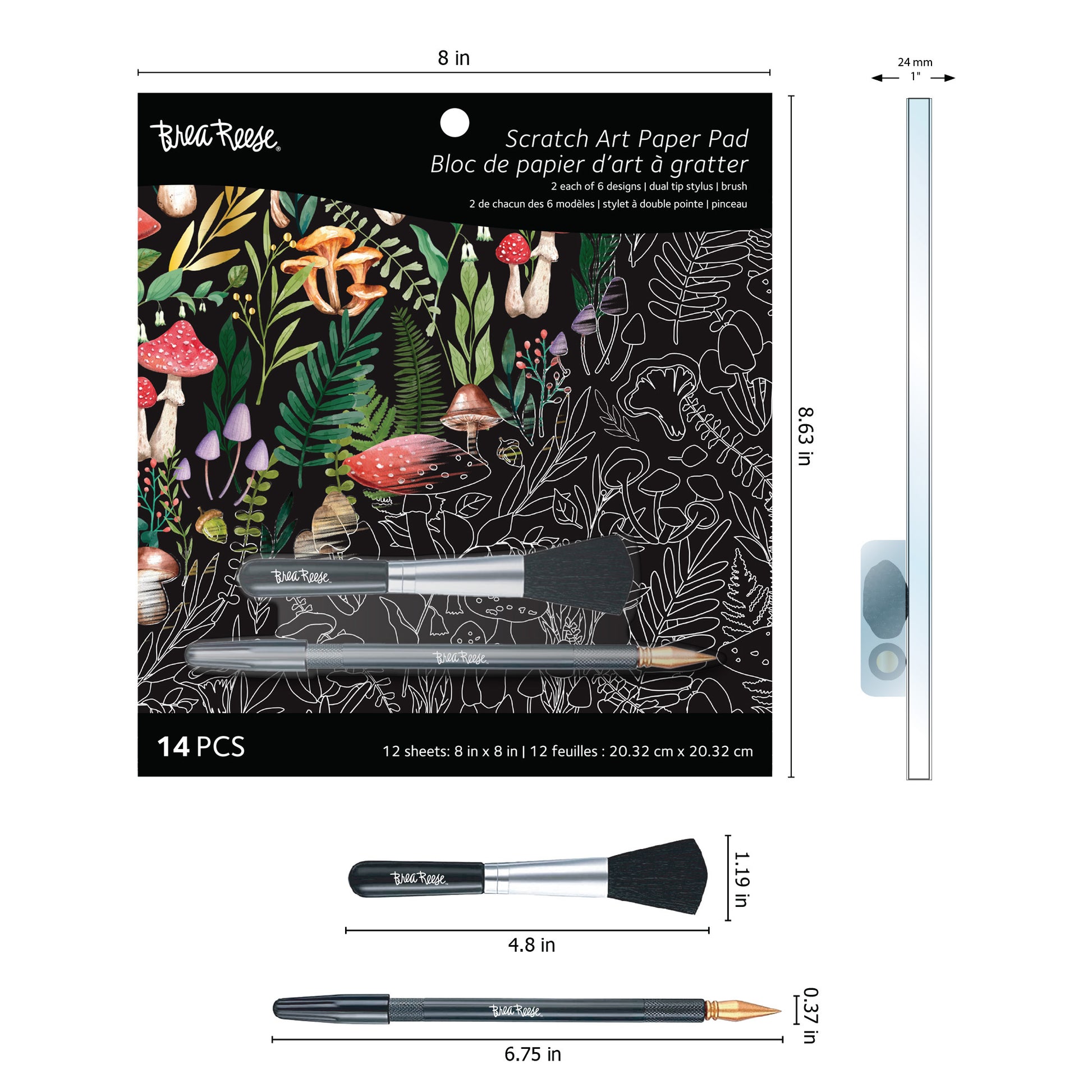 Brea Reese Scratch Art Paper Pad Nature with dual-tip stylus brush and black papers